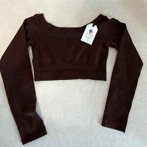 Laslulu Womens Seamless Long Sleeve Crop Top Brown Athletic Yoga Gym Shirt M